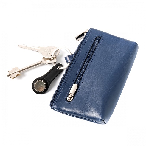 Ключница карманная на молнии с хлястиком кожаная синяя 6858-15
